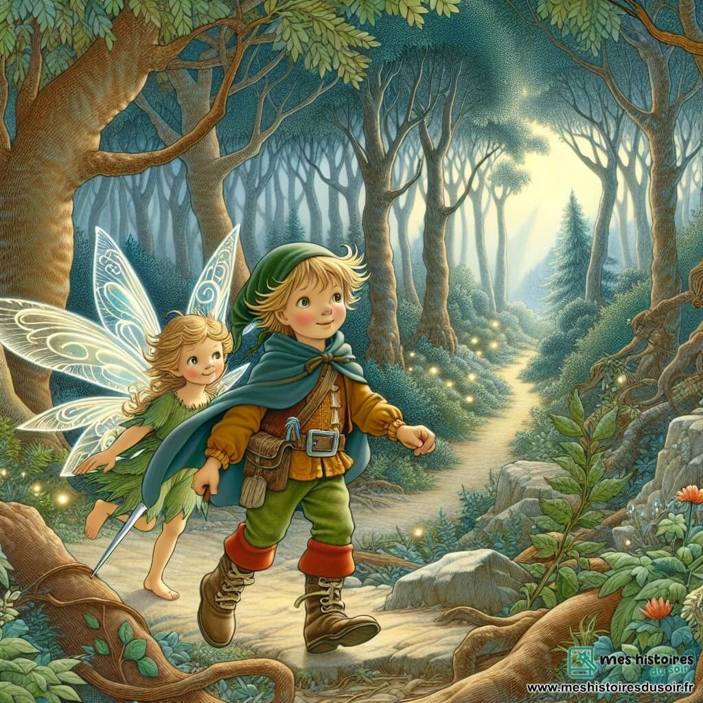 Une illustration destinée aux enfants représentant un jeune garçon courageux, accompagné d'une fée aux ailes scintillantes, explorant une forêt enchantée aux arbres si hauts qu'ils semblent toucher le ciel, où les feuilles murmurent des secrets anciens au gré du vent.