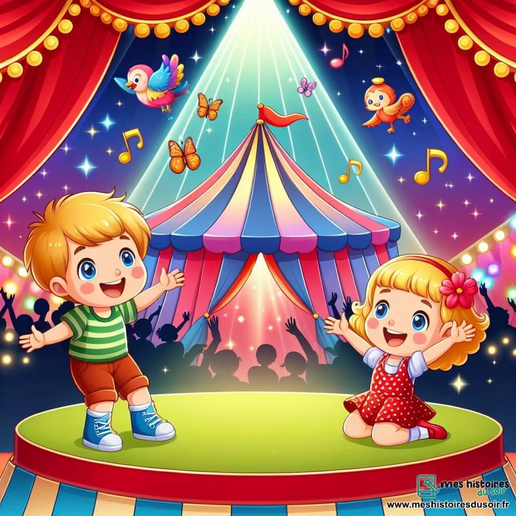 Une illustration destinée aux enfants représentant un petit garçon émerveillé par les spectacles du cirque, accompagné de sa grande sœur, une fille joyeuse, dans un grand chapiteau coloré rempli de lumières scintillantes et de musique entraînante.
