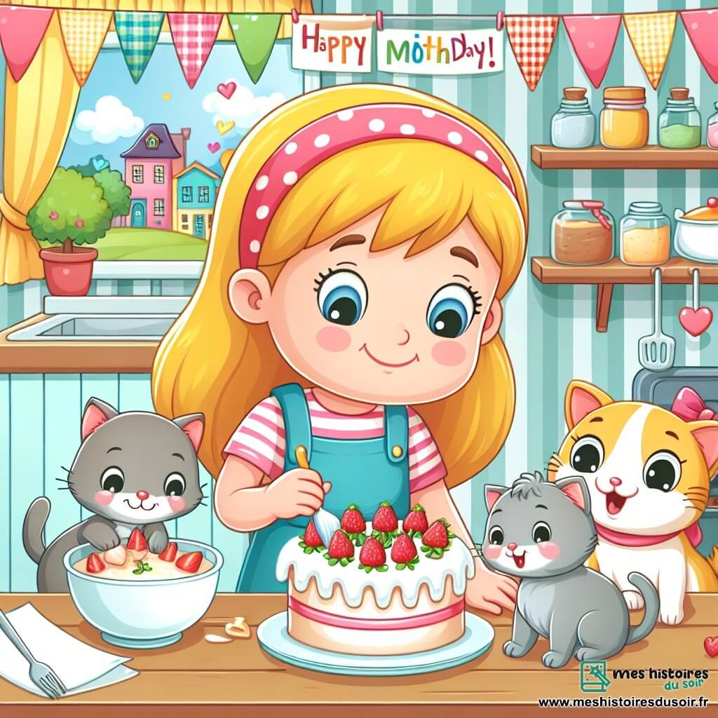 Une illustration destinée aux enfants représentant une fille espiègle préparant un gâteau surprise pour sa maman, accompagnée de son chaton joueur, dans une cuisine colorée et chaleureuse de Pommeville.