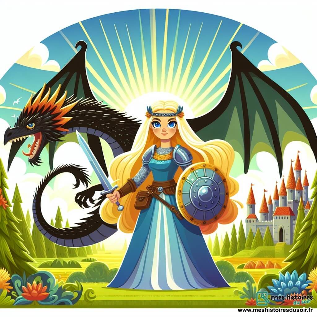 Une illustration destinée aux enfants représentant une courageuse guerrière aux cheveux dorés et aux yeux bleus, prête à affronter une armée de créatures maléfiques, aux côtés d'un mystérieux dragon noir, surplombant un royaume verdoyant baigné par les rayons d'un soleil éclatant.