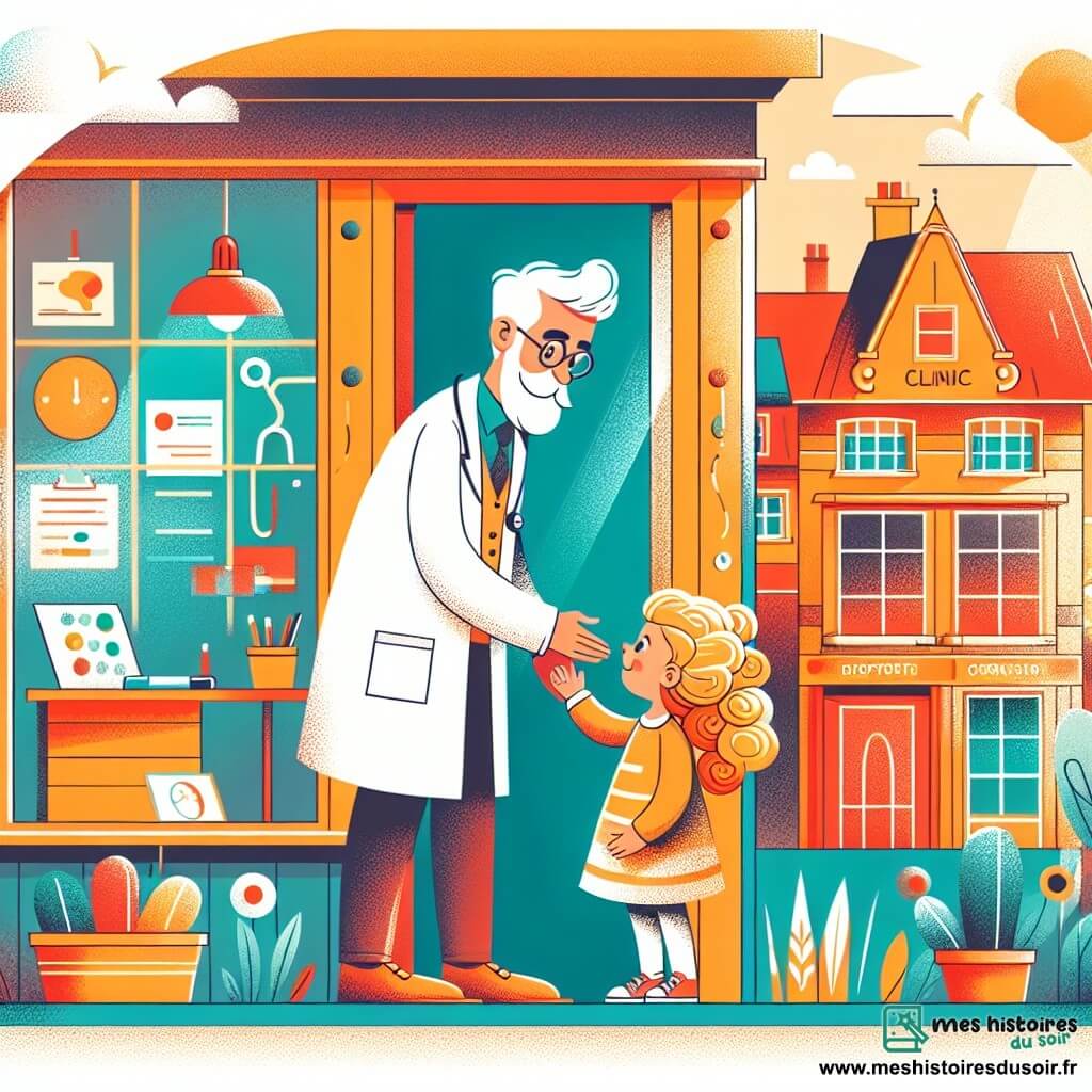 Une illustration destinée aux enfants représentant un homme bienveillant et attentionné, exerçant le métier de médecin, accueillant une petite fille aux boucles blondes dans sa clinique chaleureuse et colorée de la petite ville de Campagne-sur-Mer.