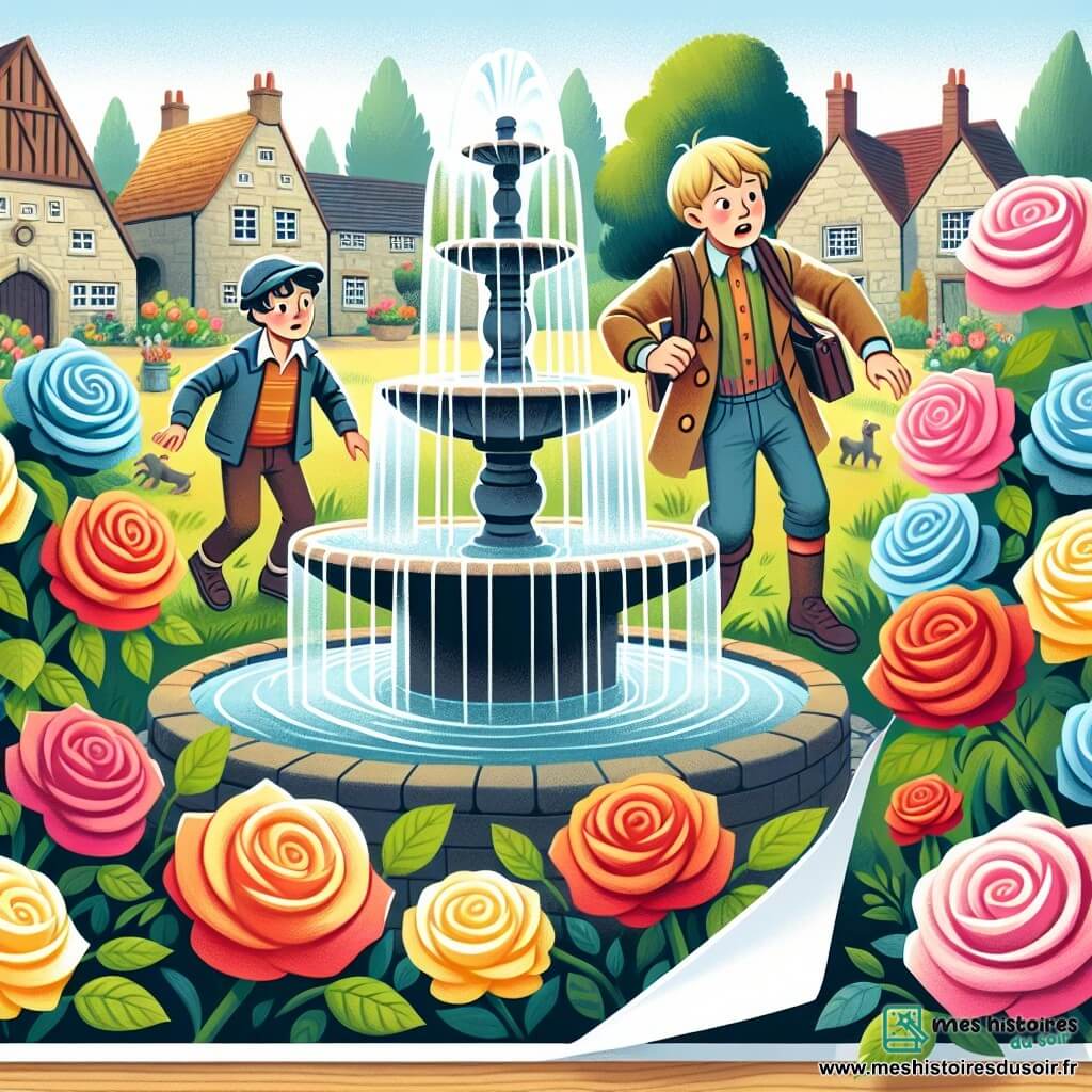 Une illustration destinée aux enfants représentant un garçon intrépide menant une enquête pour retrouver ses jouets disparus, accompagné de son ami Léo, autour de la fontaine du village de Soleilbourg, où les roses multicolores de Madame Rose illuminent le décor.