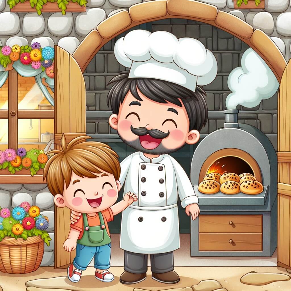 Une illustration destinée aux enfants représentant un boulanger passionné et souriant, accompagné d'un joyeux petit garçon, dans une boulangerie pittoresque aux murs en pierre, avec des fenêtres en bois ornées de jolies fleurs colorées, et un four à pain fumant à l'extérieur.