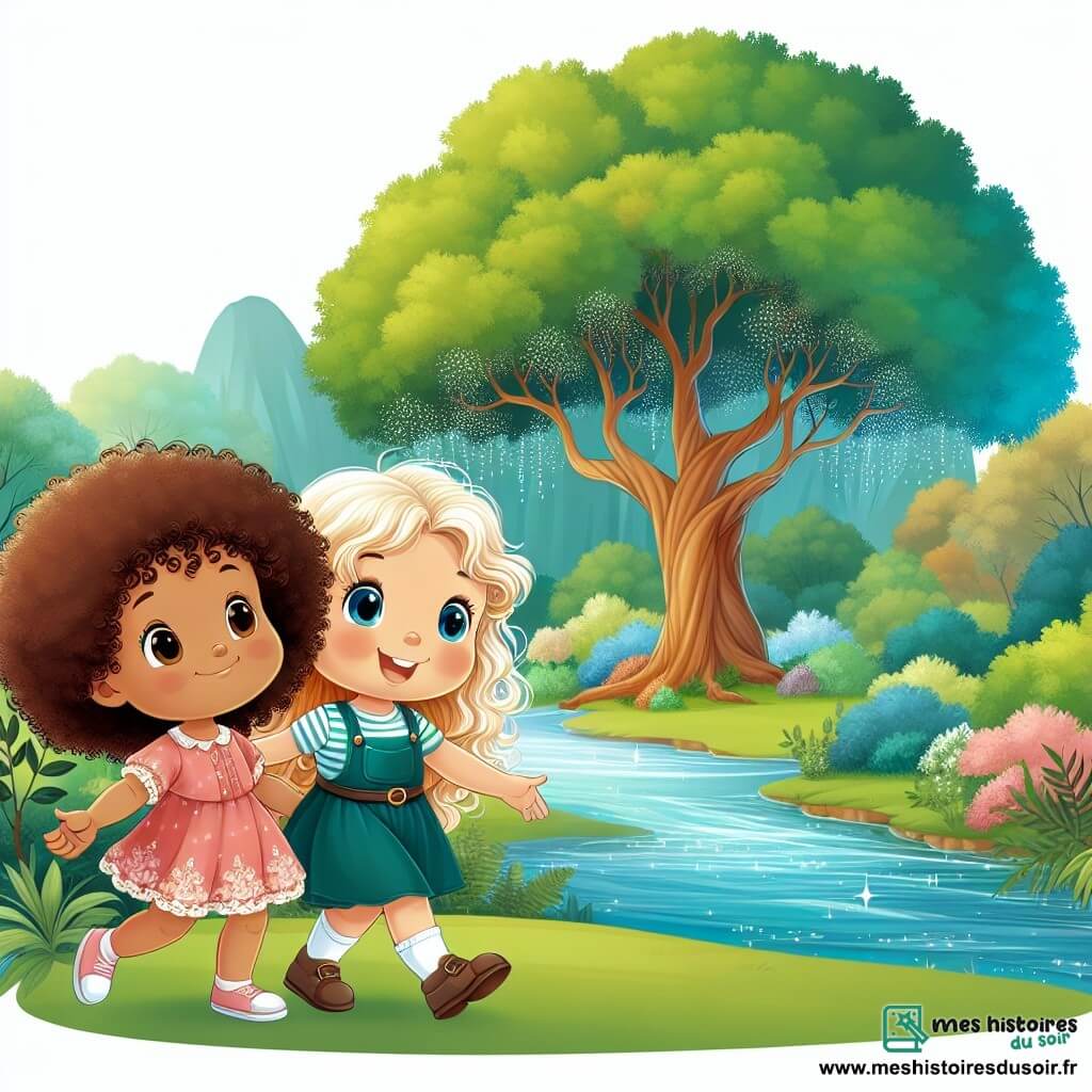 Une illustration destinée aux enfants représentant une petite fille aux cheveux bouclés explorant un parc luxuriant en compagnie d'une nouvelle amie aux cheveux blonds, avec en arrière-plan une rivière scintillante et un arbre majestueux aux feuilles chatoyantes.