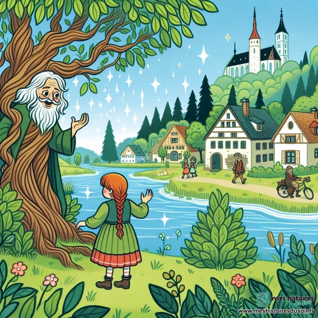 Une illustration destinée aux enfants représentant une petite fille passionnée par la nature, faisant face à un arbre sage qui parle, dans une petite ville entourée de bois verdoyants et d'une rivière scintillante.