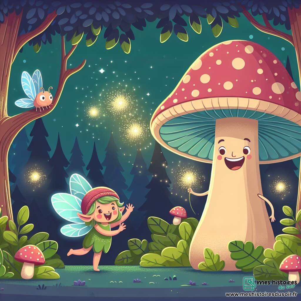 Une illustration destinée aux enfants représentant une fée espiègle rencontrant un champignon géant rigolo dans une forêt enchantée aux arbres aux feuilles scintillantes et aux lucioles lumineuses.