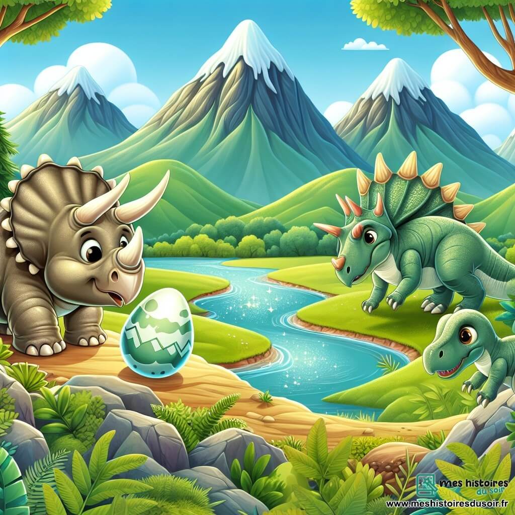 Une illustration destinée aux enfants représentant un tricératops curieux découvrant un œuf étrange avec ses amis, dont un bébé vélociraptor, dans la vallée des dinosaures, avec des montagnes majestueuses en arrière-plan et une rivière scintillante serpentant à travers la verdure luxuriante.