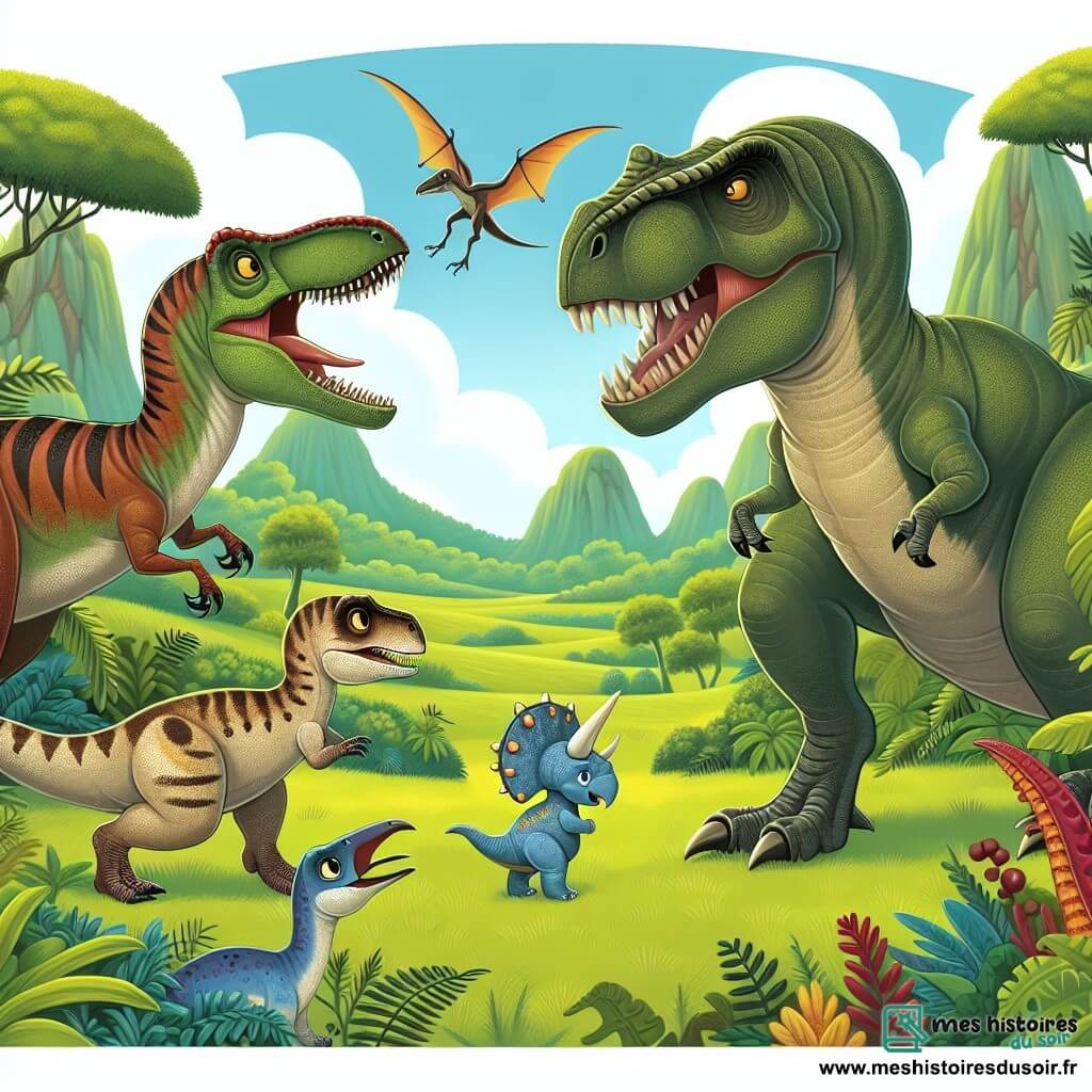 Une illustration destinée aux enfants représentant un vélociraptor curieux et courageux se retrouvant face à un tyrannosaure menaçant, accompagné d'un tricératops loyal et d'un ptérosaure coloré, dans la vallée verdoyante et luxuriante de Dinoland.