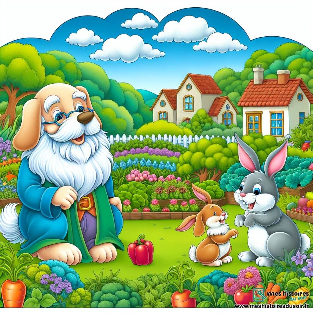 Une illustration destinée aux enfants représentant un chien farceur, un lapin âgé et sage, dans un village pittoresque entouré de buissons verdoyants et d'un potager coloré.