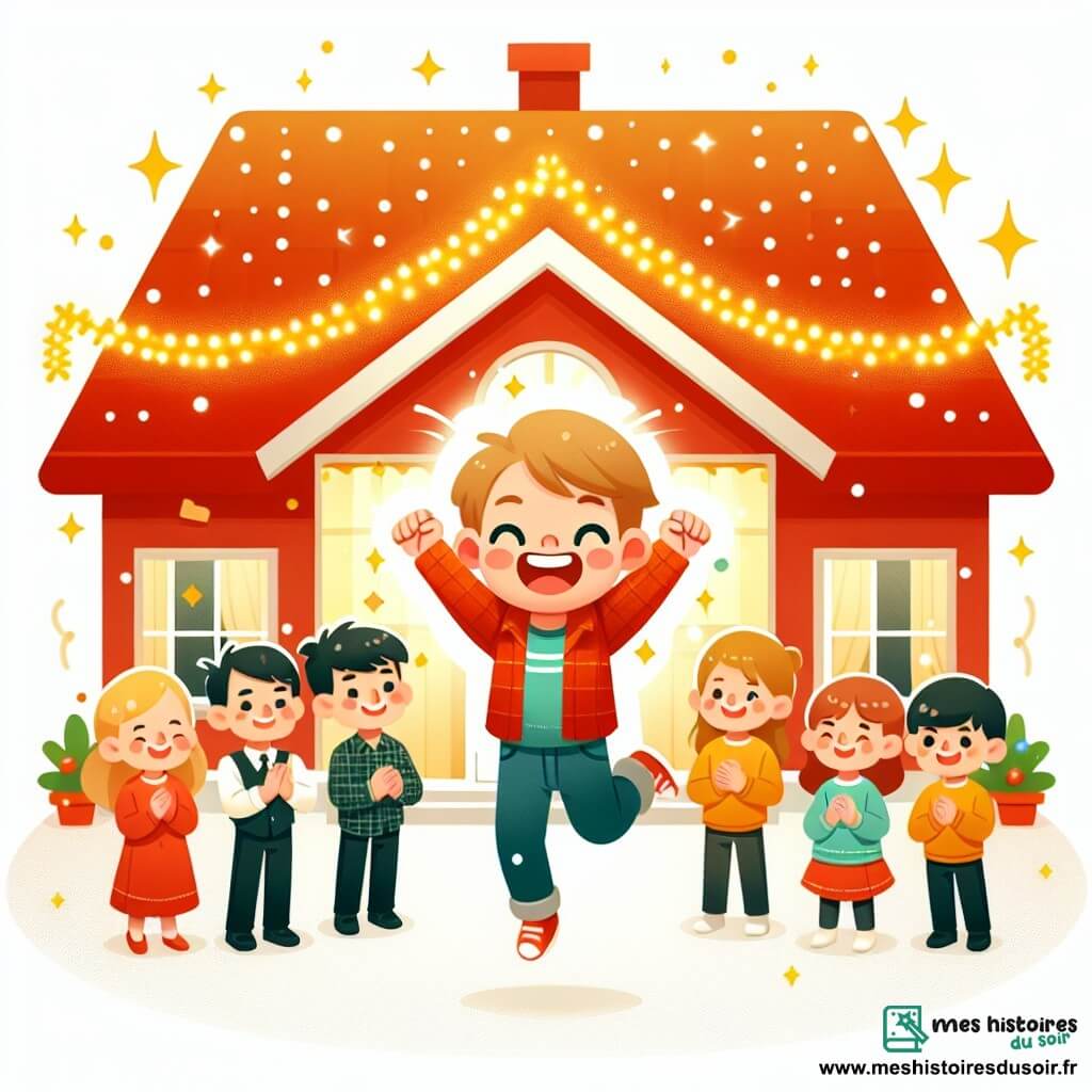 Une illustration destinée aux enfants représentant un garçon plein d'énergie lors de la grande soirée du réveillon, entouré de sa famille et de ses amis, dans une maison au toit rouge vif décorée de guirlandes scintillantes.