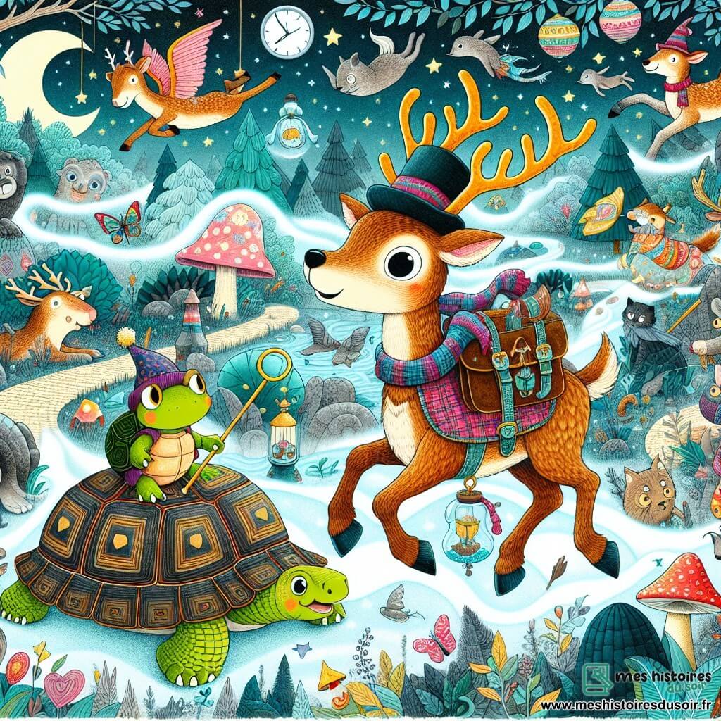 Une illustration destinée aux enfants représentant un renne farceur, un lieu enchanté rempli de mystères, accompagné d'une tortue curieuse, où se déroulent des aventures amusantes avec d'autres animaux rigolos.