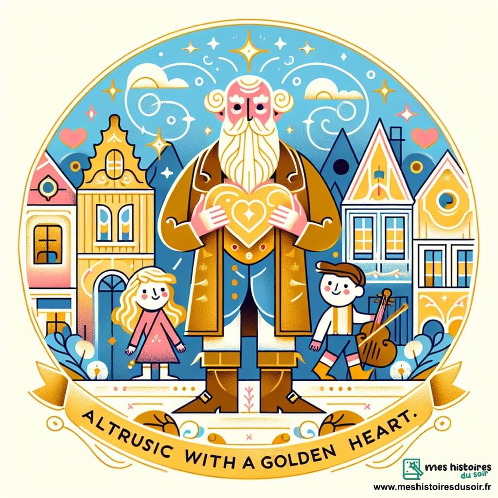 Une illustration destinée aux enfants représentant un homme au cœur d'or, cachant un talent musical magique, accompagné de deux enfants curieux, dans une petite ville aux maisons colorées comme des bonbons alignées le long des rues.