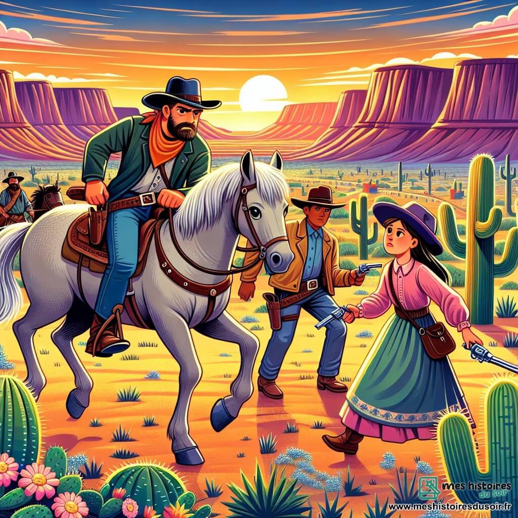 Une illustration destinée aux enfants représentant un courageux cow-boy, entouré de son fidèle cheval, affrontant des hors-la-loi dans les vastes plaines de l'Ouest américain, avec en soutien une vaillante jeune femme.
