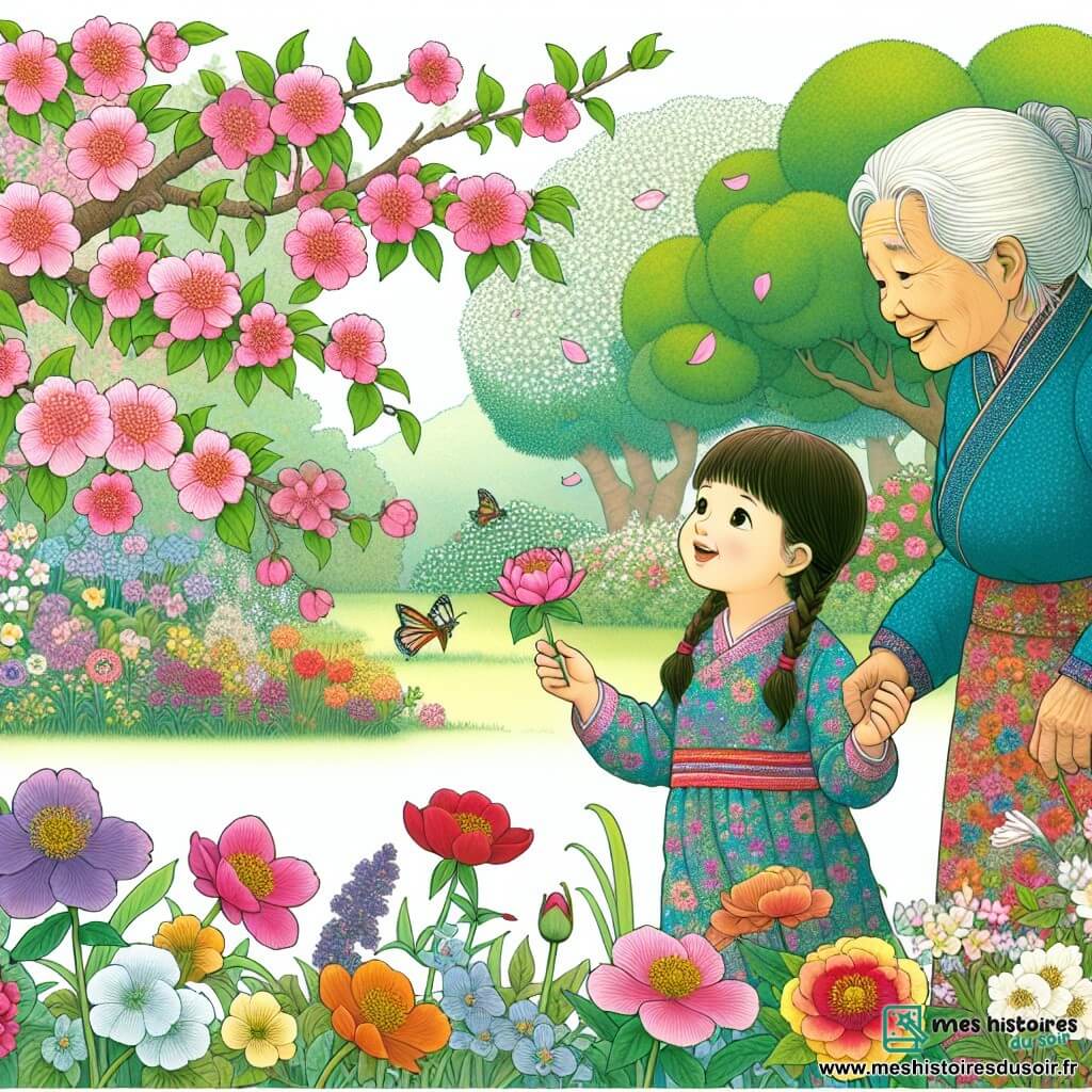 Une illustration destinée aux enfants représentant une jeune fille émerveillée par les merveilles du printemps, accompagnée de sa grand-mère bienveillante, se promenant dans un jardin luxuriant parsemé de fleurs colorées et d'arbres en fleurs.