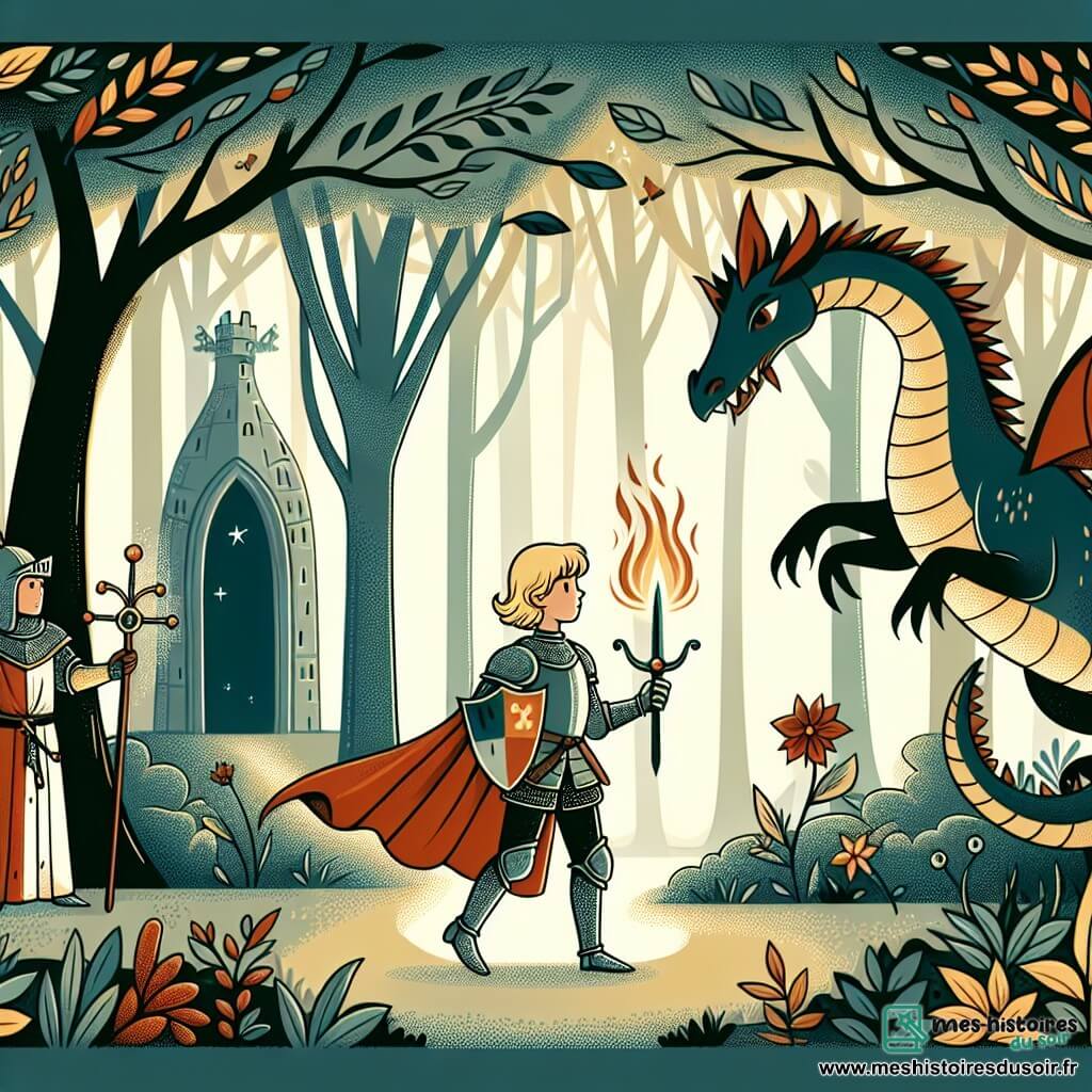 Une illustration destinée aux enfants représentant une courageuse chevalière blonde, une mystérieuse prophétie et un dragon cracheur de feu, dans la forêt enchantée de Camelot aux arbres majestueux et aux ombres dansantes.