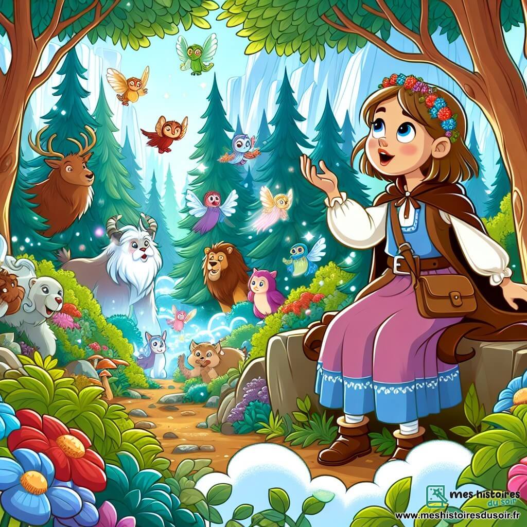 Une illustration destinée aux enfants représentant une jeune fille intrépide, émerveillée par un monde enchanté peuplé de créatures magiques, dans une forêt luxuriante aux arbres majestueux et aux fleurs colorées.
