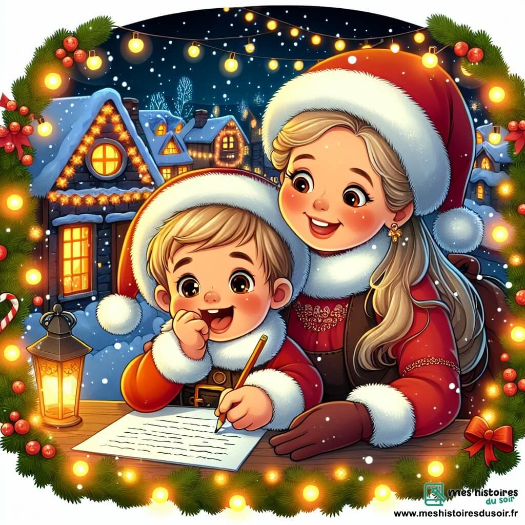 Une illustration destinée aux enfants représentant un petit garçon plein d'enthousiasme écrivant une lettre au Père Noël, accompagné de sa maman, dans un village illuminé par les guirlandes et les décorations de Noël.
