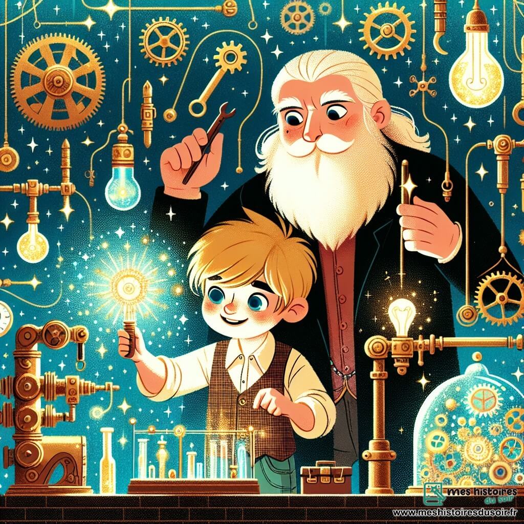 Une illustration destinée aux enfants représentant un jeune garçon passionné d'invention, accompagné d'un inventeur barbu et mystérieux, dans un atelier magique rempli d'outils étincelants et de machines extraordinaires.