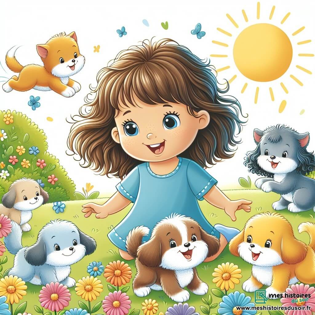 Une illustration destinée aux enfants représentant une petite fille rayonnante de bonheur, entourée de nouveaux amis aux cheveux bouclés et au pelage doux, partageant des rires et des jeux colorés dans un parc ensoleillé, où les fleurs dansent au gré du vent.