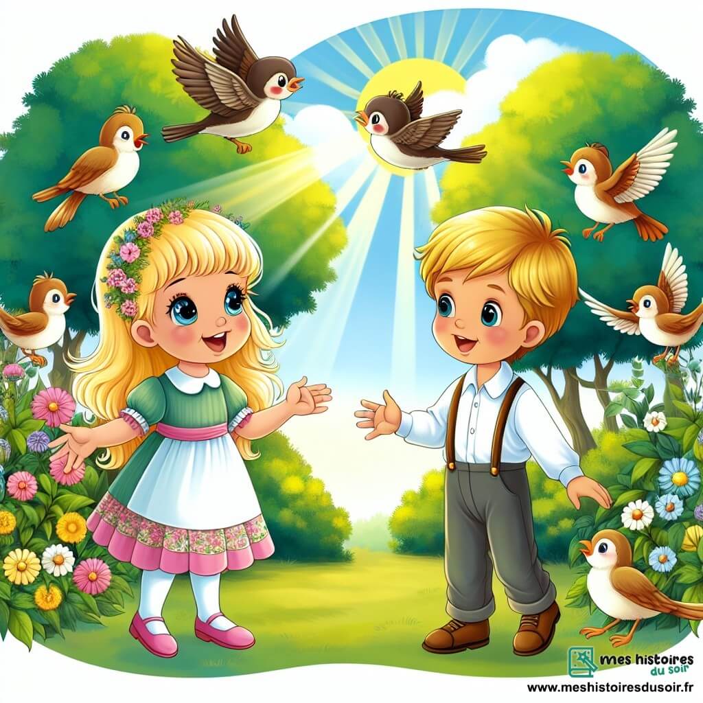 Une illustration destinée aux enfants représentant une petite fille aux cheveux blonds et aux yeux pétillants, faisant la connaissance d'un garçon de son âge, dans un parc verdoyant et ensoleillé où les oiseaux chantent joyeusement.