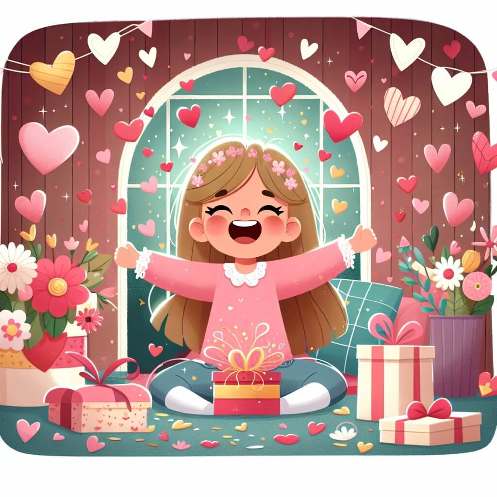 Une illustration destinée aux enfants représentant une jeune fille rayonnante, plongée dans l'excitation de la Saint-Valentin, entourée d'amour et de surprises, dans une maison chaleureuse décorée de cœurs, de fleurs et de paillettes.