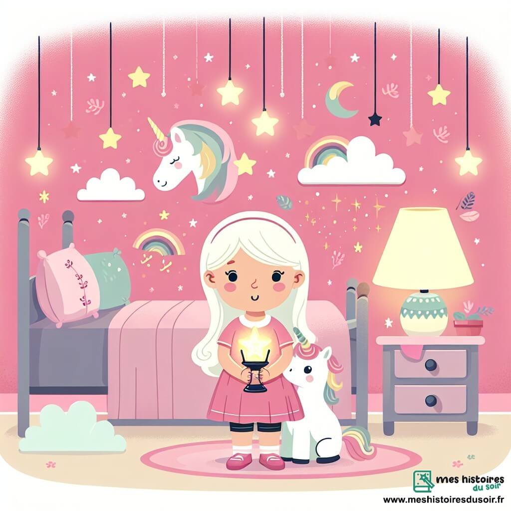 Une illustration destinée aux enfants représentant une petite fille, une lampe magique et des étoiles scintillantes dans une chambre aux murs roses ornés de motifs de licornes et de nuages, évoquant la peur du noir.