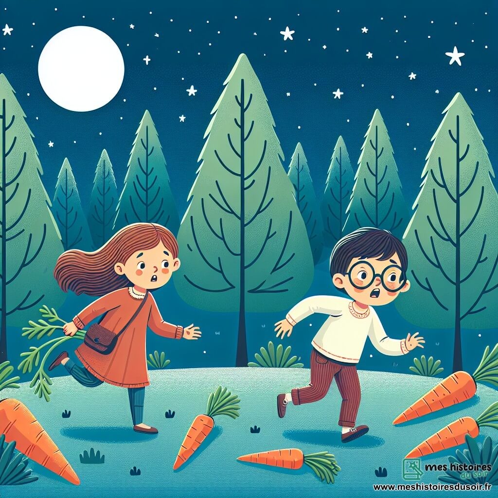 Une illustration destinée aux enfants représentant une fillette perdue sans son ombre, accompagnée d'un garçon aux lunettes rondes, cherchant désespérément derrière une colline de carottes, dans une forêt enchantée aux arbres dansant sous un ciel étoilé.