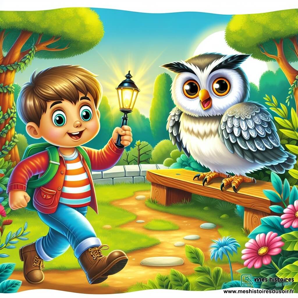 Une illustration destinée aux enfants représentant un garçon plein d'énergie, une mission mystérieuse avec une chouette adorable et des plumes argentées brillantes dans un parc ensoleillé aux arbres fleuris et aux bancs colorés.