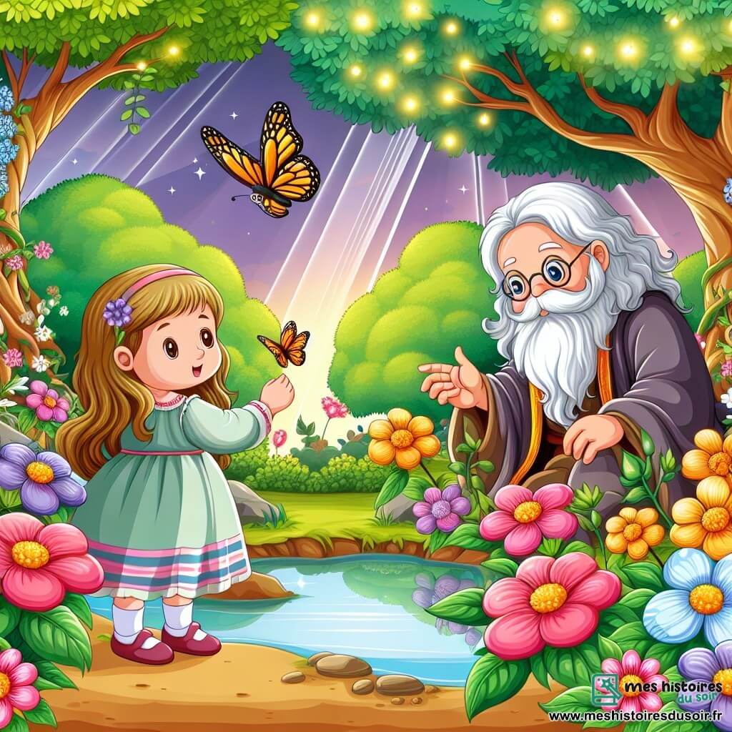 Une illustration destinée aux enfants représentant une petite fille curieuse, entourée de fleurs colorées et d'un papillon sage, dans un jardin enchanté aux arbres majestueux et aux étangs miroitants.