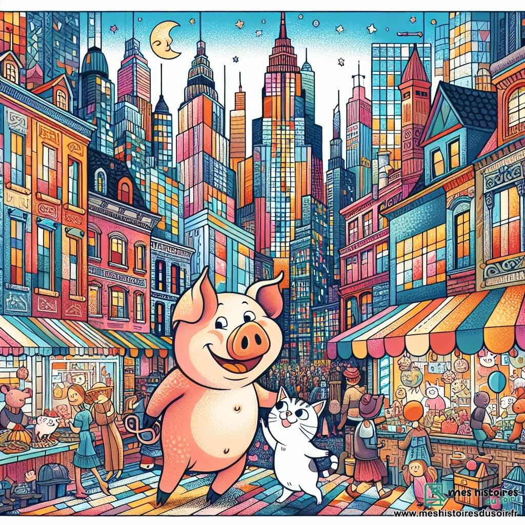 Une illustration destinée aux enfants représentant un cochon maladroit et joyeux, accompagné d'un chat curieux, dans une ville animée aux gratte-ciel immenses et aux rues pleines de vie.