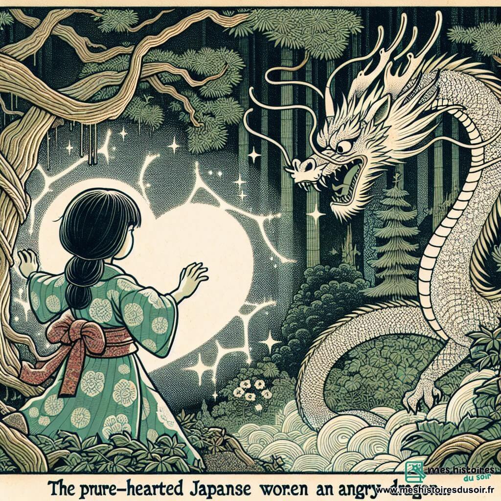 Une illustration destinée aux enfants représentant une jeune femme au cœur pur affrontant un dragon en colère dans une forêt enchantée du Japon, avec en toile de fond un arbre magique aux branches entrelacées d'une toile d'araignée scintillante.