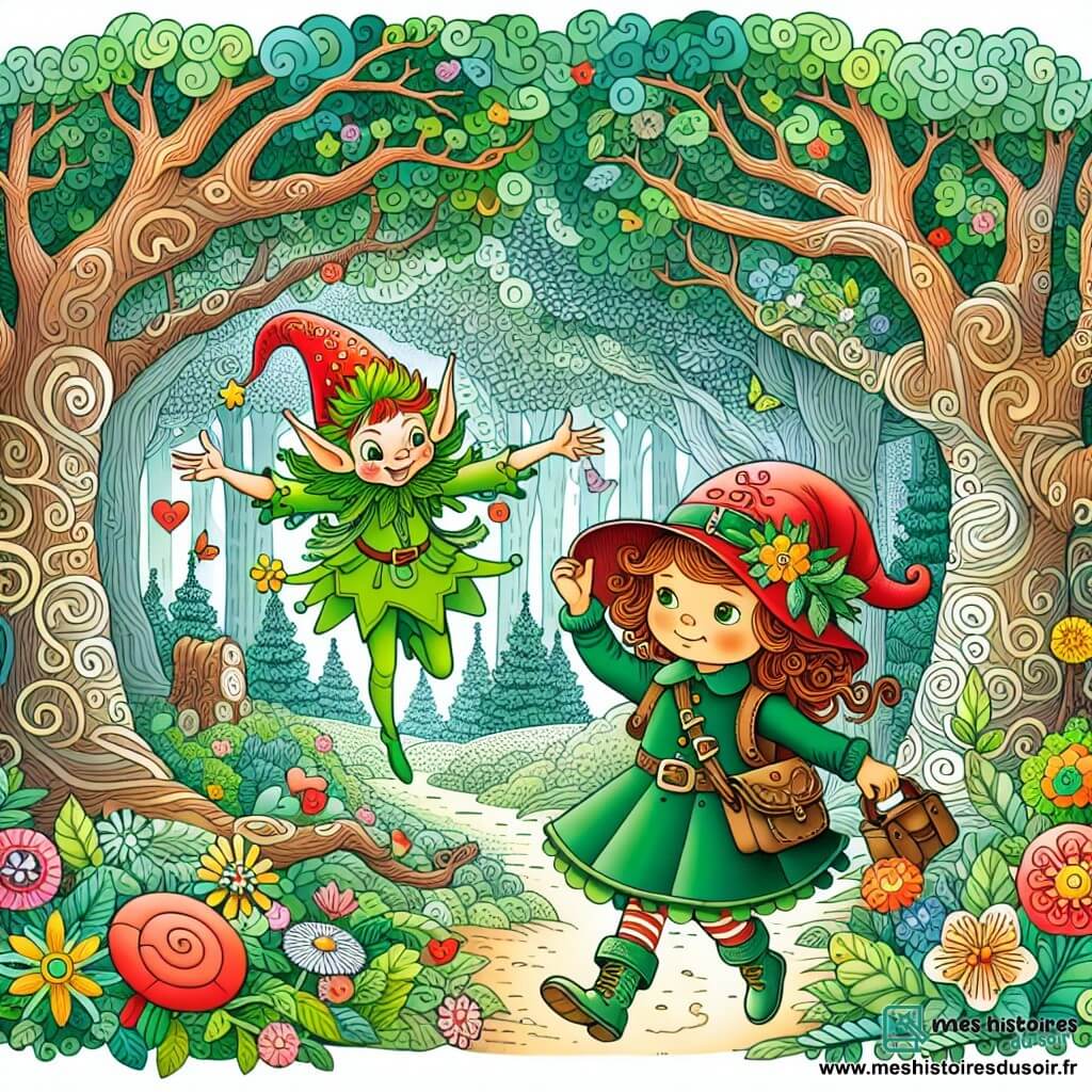 Une illustration destinée aux enfants représentant une fille curieuse et pleine d'imagination se lançant dans des aventures loufoques en compagnie d'un lutin farceur vêtu de vert et coiffé d'un chapeau rouge, dans une forêt enchantée aux arbres majestueux et aux fleurs multicolores.