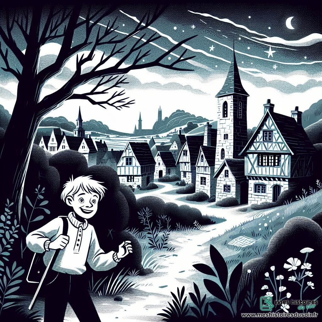 Une illustration destinée aux enfants représentant un jeune garçon curieux et intrépide se lançant dans une enquête mystérieuse avec l'aide d'une vieille sorcière, dans le sombre village de Bourgville.