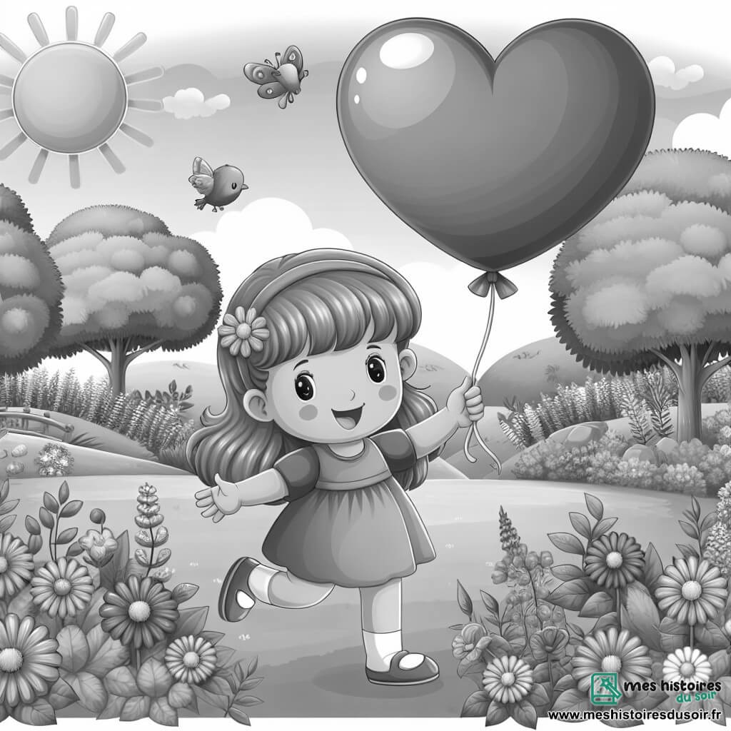 Une illustration destinée aux enfants représentant une fillette joyeuse offrant un ballon en forme de cœur à sa maman lors d'une journée ensoleillée au parc, avec des fleurs colorées, des arbres verdoyants et des oiseaux chantant.