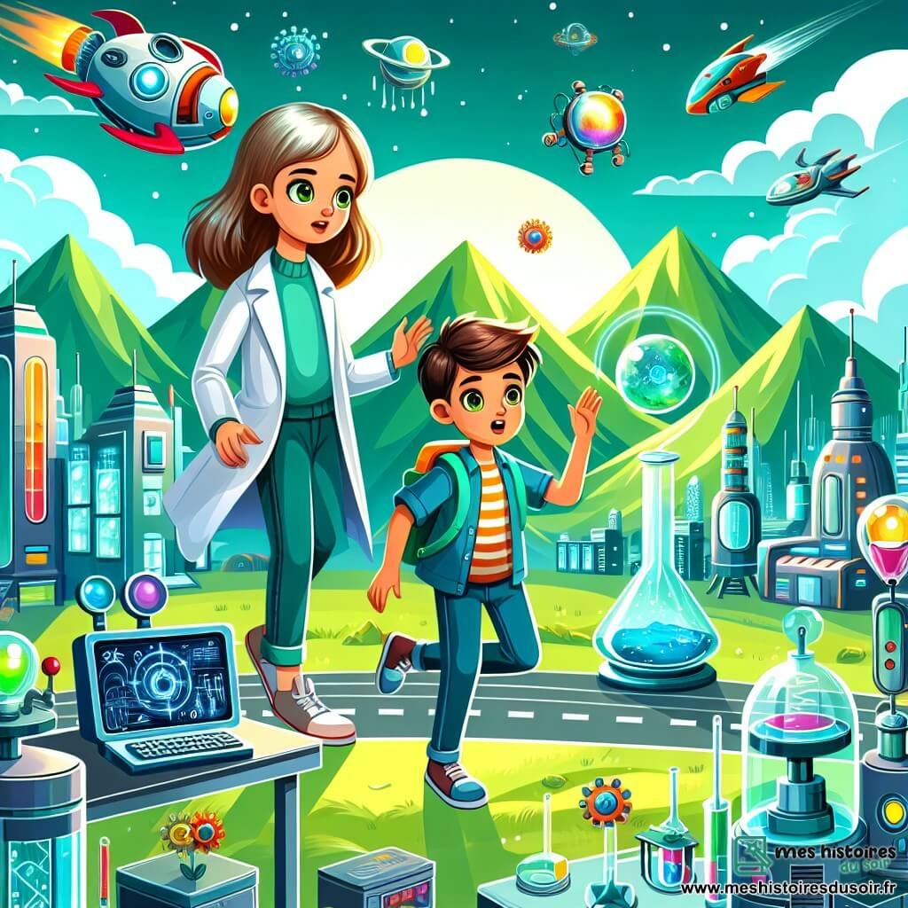 Une illustration destinée aux enfants représentant un jeune garçon passionné de science se retrouvant par hasard dans un laboratoire mystérieux, accompagné d'une jeune fille futuriste dans une cité aux bâtiments futuristes et aux robots volants, le tout dans un décor de montagnes verdoyantes.