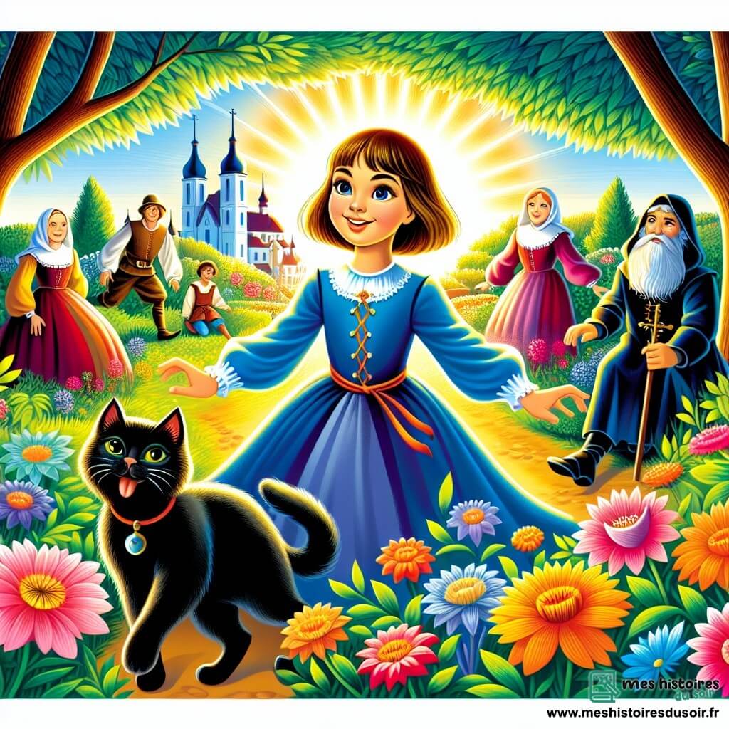 Une illustration destinée aux enfants représentant une fillette au sourire éclatant, se lançant dans une enquête passionnante avec ses amis, accompagnée d'un chat noir malicieux, dans un jardin ensoleillé aux fleurs multicolores et aux arbres majestueux.