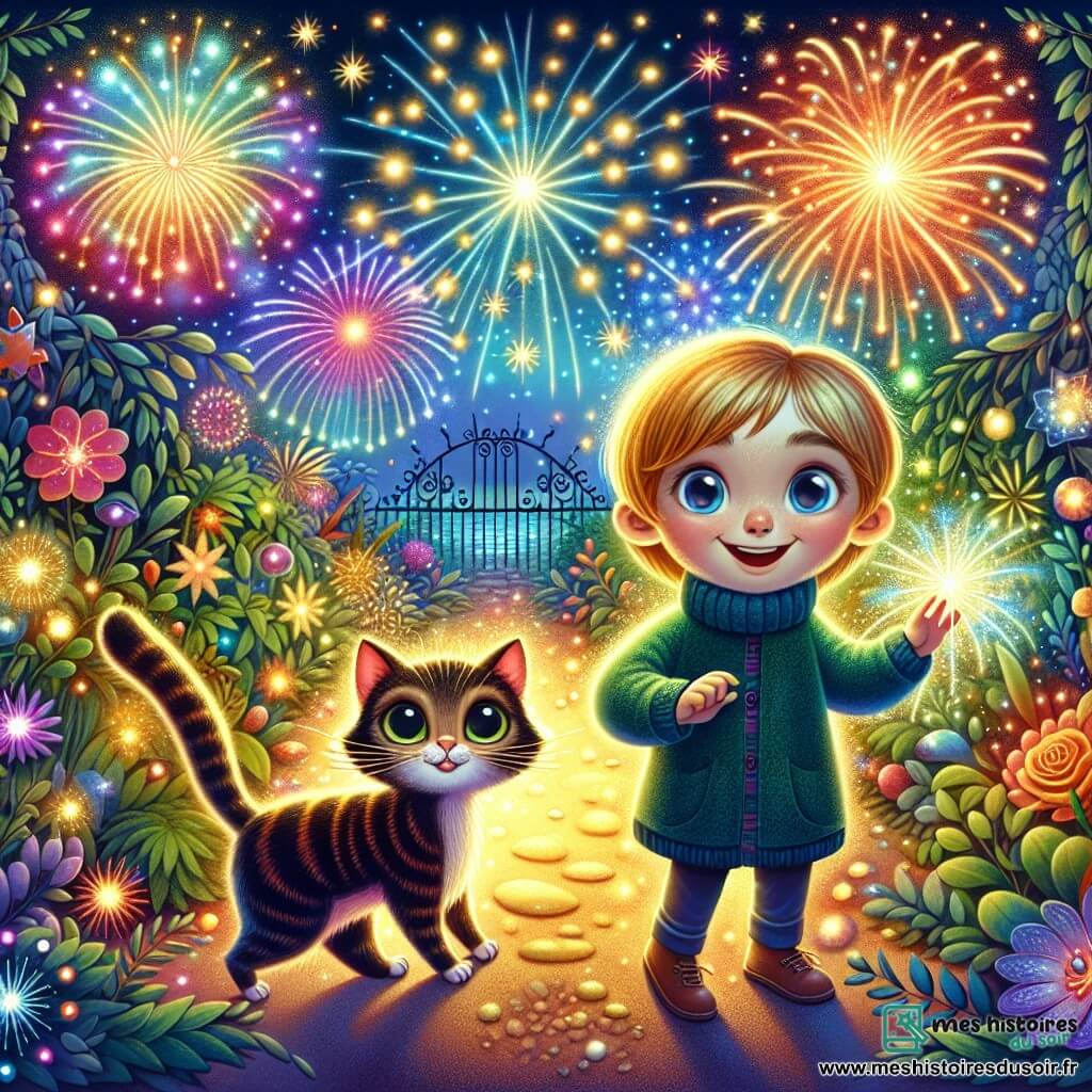 Une illustration destinée aux enfants représentant un garçon, une soirée de réveillon du nouvel an pleine de magie et de surprises, un chat malicieux et espiègle, dans un jardin scintillant de lumières colorées et de feux d'artifice éclatants.