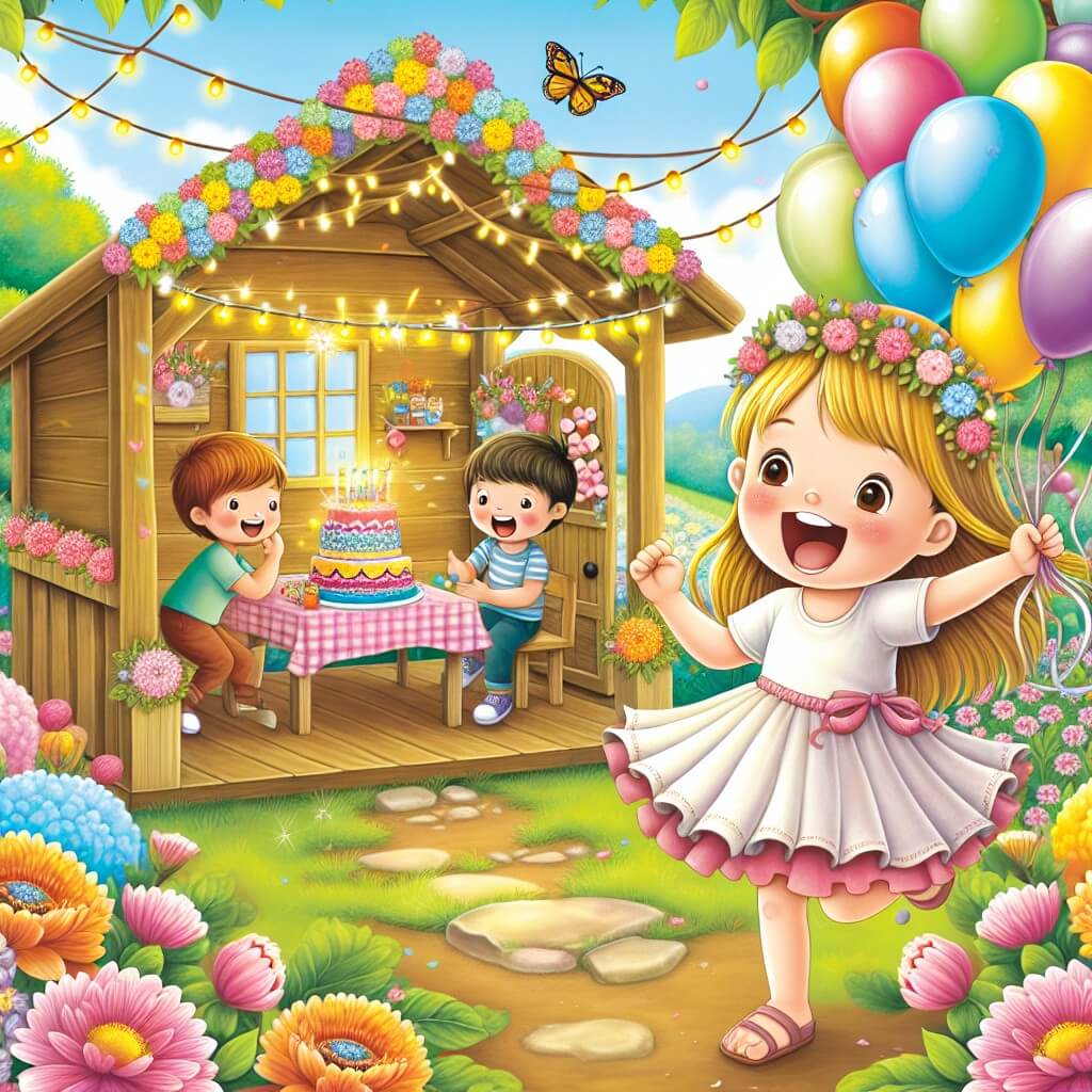 Une illustration destinée aux enfants représentant une petite fille, pleine de joie et d'excitation, qui découvre une fête surprise organisée par sa famille et ses amis dans un magnifique jardin fleuri, avec des ballons colorés, des guirlandes scintillantes et une cabane en bois décorée.