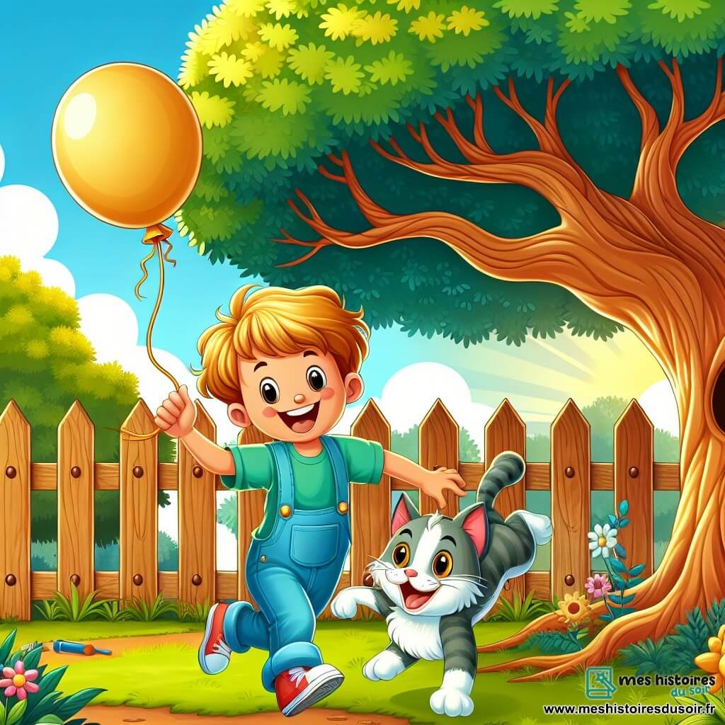 Une illustration destinée aux enfants représentant un garçon plein d'énergie, un chat malicieux, un jardin ensoleillé avec une clôture en bois et un arbre majestueux où un ballon géant est coincé.