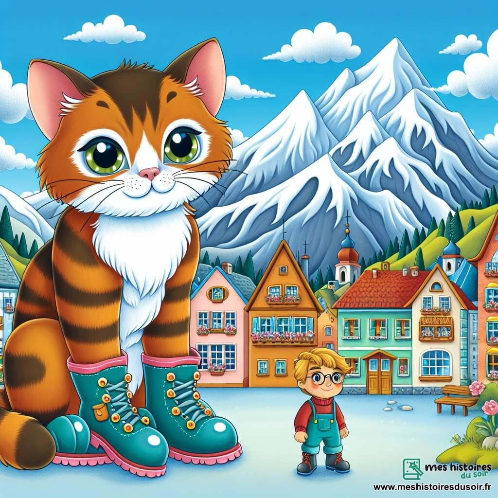 Une illustration destinée aux enfants représentant un chat malin aux bottes étincelantes, accompagné d'un jeune garçon timide, dans un village aux maisons colorées et aux toits en pente, situé au pied d'une majestueuse montagne enneigée.