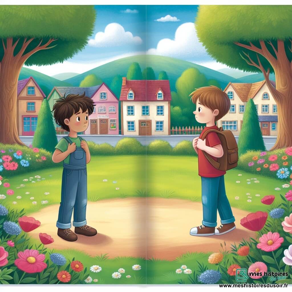 Une illustration destinée aux enfants représentant un garçon aux cheveux bruns en bataille, confronté à une situation de discrimination raciale par un garçon plus âgé, dans un parc paisible du village, entouré de fleurs colorées et d'arbres majestueux.