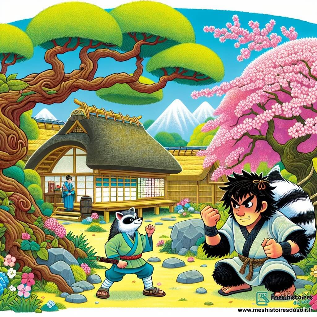 Une illustration destinée aux enfants représentant un homme courageux confronté à des énigmes posées par un tanuki espiègle sous un majestueux cerisier en fleurs, dans un village japonais pittoresque aux toits de chaume et aux jardins luxuriants.