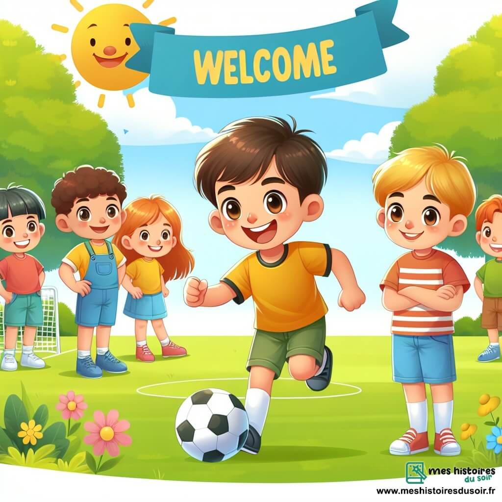 Une illustration destinée aux enfants représentant un petit garçon plein d'énergie et de curiosité, qui ose rejoindre un groupe d'enfants pour jouer au football, avec un personnage secondaire chaleureux et accueillant, dans un parc ensoleillé entouré d'arbres verdoyants et de fleurs colorées.