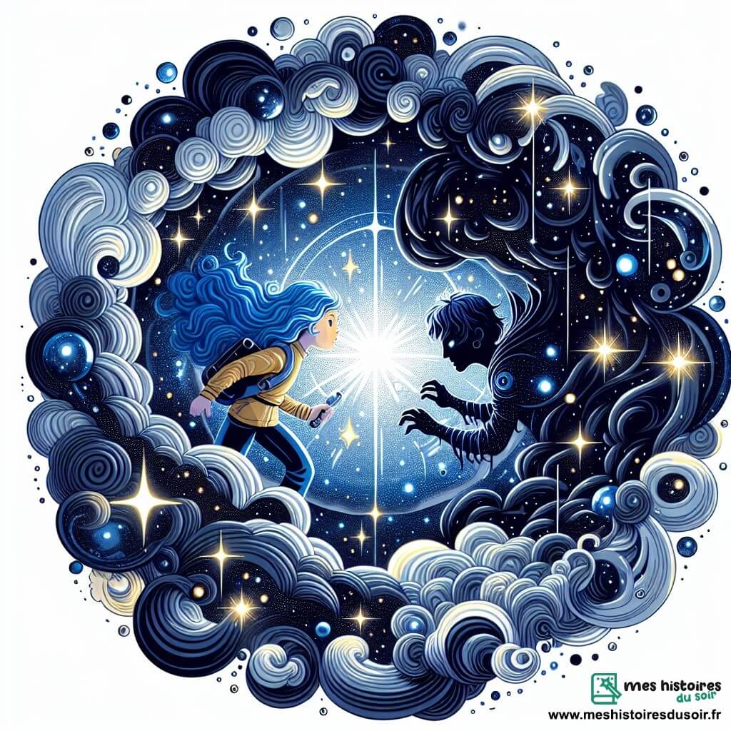 Une illustration destinée aux enfants représentant une exploratrice cosmique aux cheveux bleus, affrontant un être maléfique dans une Nébuleuse Noire aux reflets argentés et aux nuages sombres tourbillonnants, sous un ciel étoilé scintillant de mille feux.