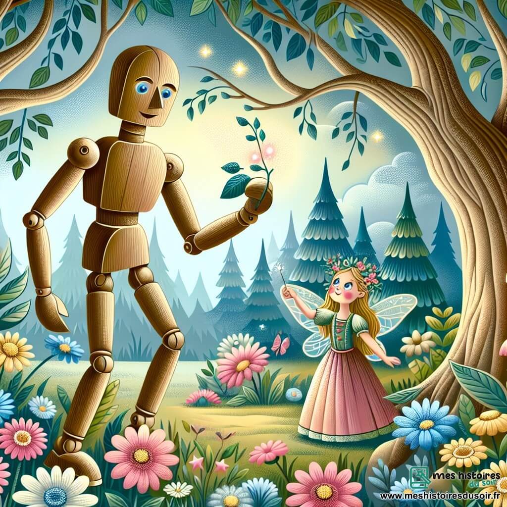 Une illustration destinée aux enfants représentant un pantin de bois vivant, bravant des épreuves magiques avec l'aide d'une Fée aux yeux brillants, dans une clairière enchantée bordée de fleurs et d'arbres majestueux.