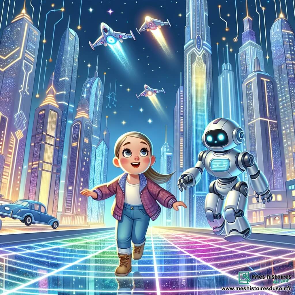 Une illustration destinée aux enfants représentant une fille curieuse explorant une ville futuriste scintillante en compagnie d'un robot joyeux, avec des buildings étincelants touchant le ciel, des voitures volantes filant dans les airs et des trottoirs en verre lumineux changeant de couleur à chaque pas.