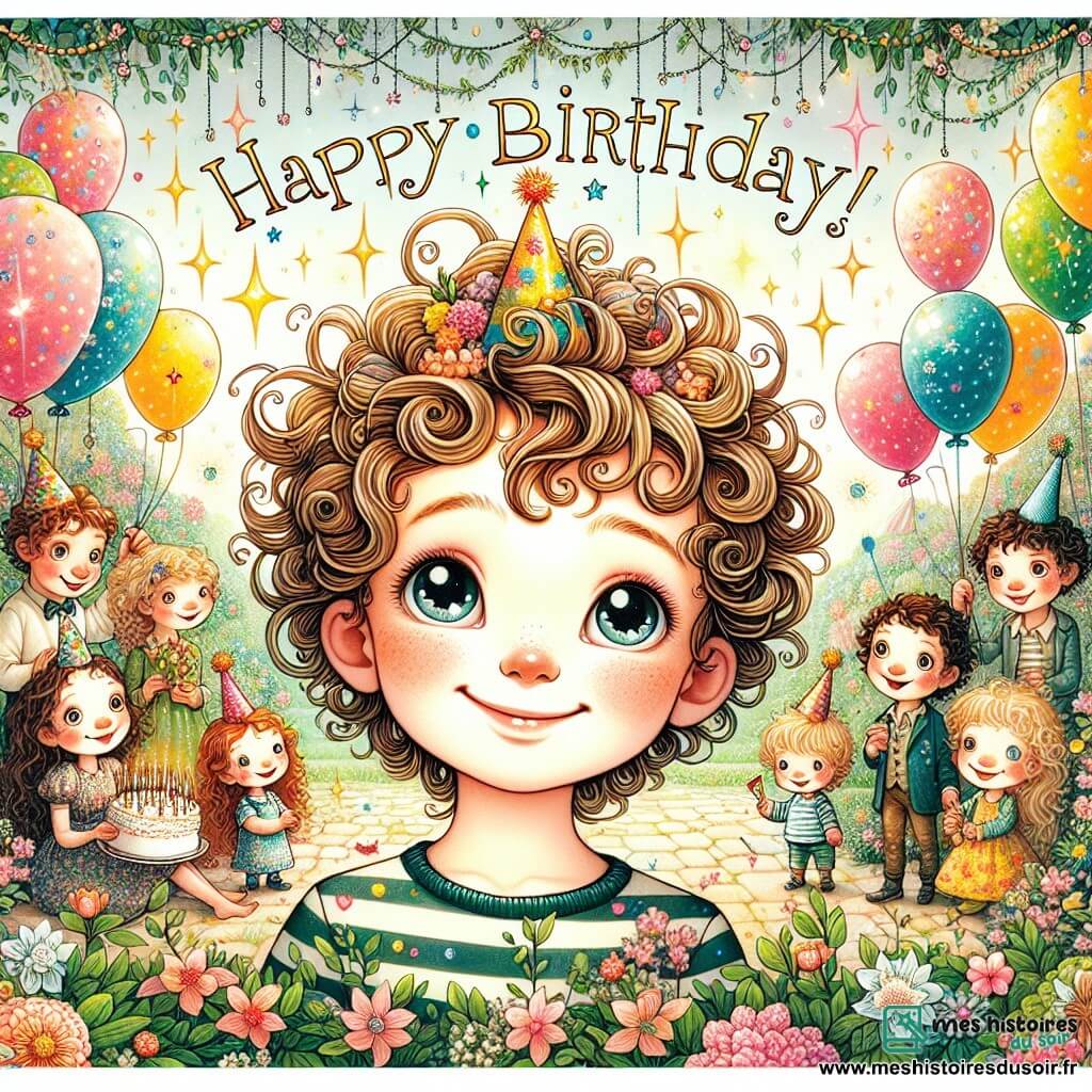Une illustration destinée aux enfants représentant un garçon aux cheveux ébouriffés et aux yeux pétillants, vivant une journée d'anniversaire magique entouré de sa famille et de ses amis, dans un jardin fleuri orné de ballons multicolores et de guirlandes scintillantes.