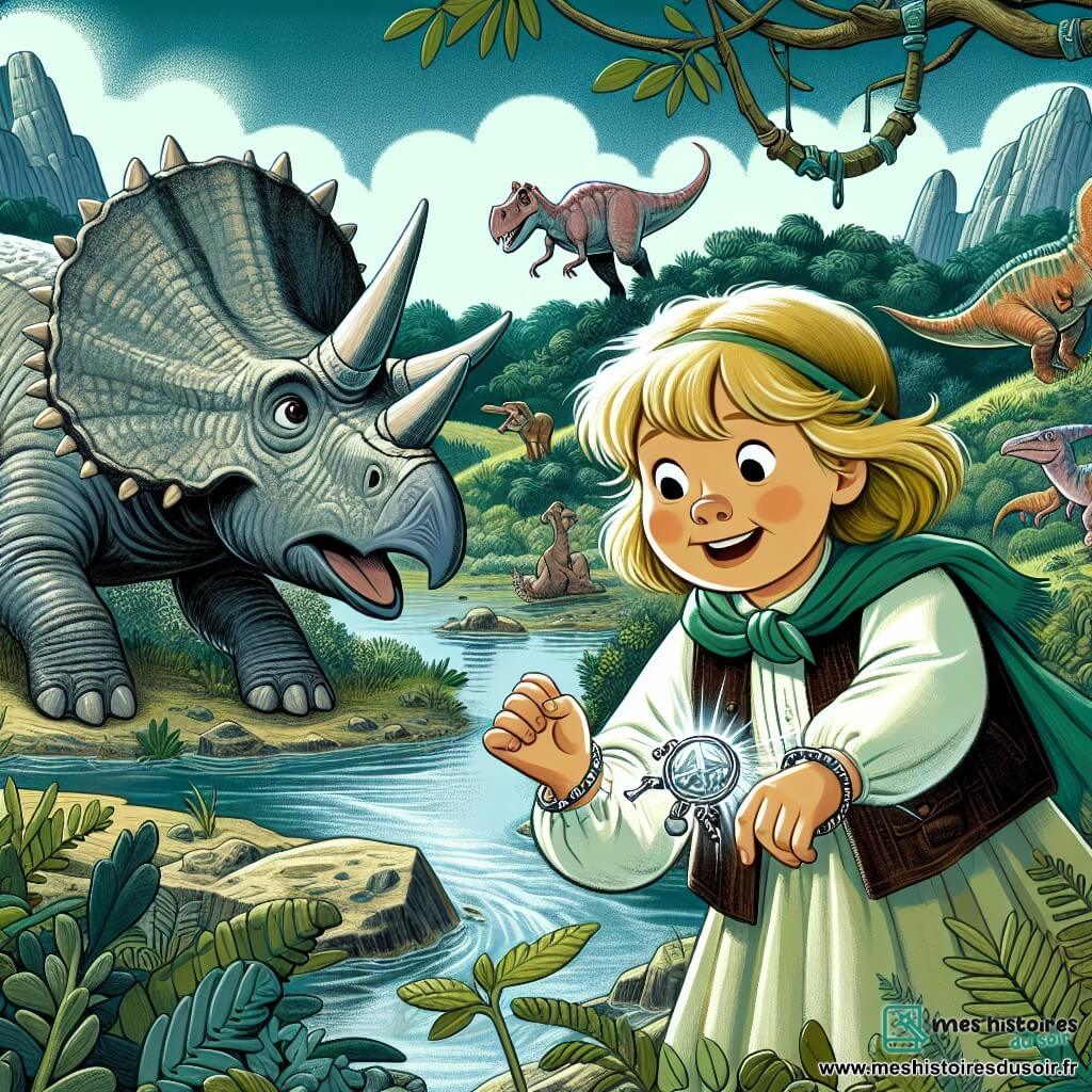 Une illustration destinée aux enfants représentant une petite fille intrépide, portant un mystérieux bracelet argenté, se retrouvant projetée dans le passé préhistorique, accompagnée d'un gentil tricératops, dans un paysage luxuriant peuplé de dinosaures imposants.