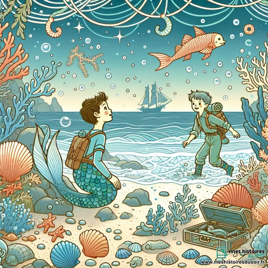 Une illustration destinée aux enfants représentant une sirène courageuse et un jeune garçon explorant ensemble les fonds marins scintillants d'une plage bordée de coquillages et de coraux chatoyants.