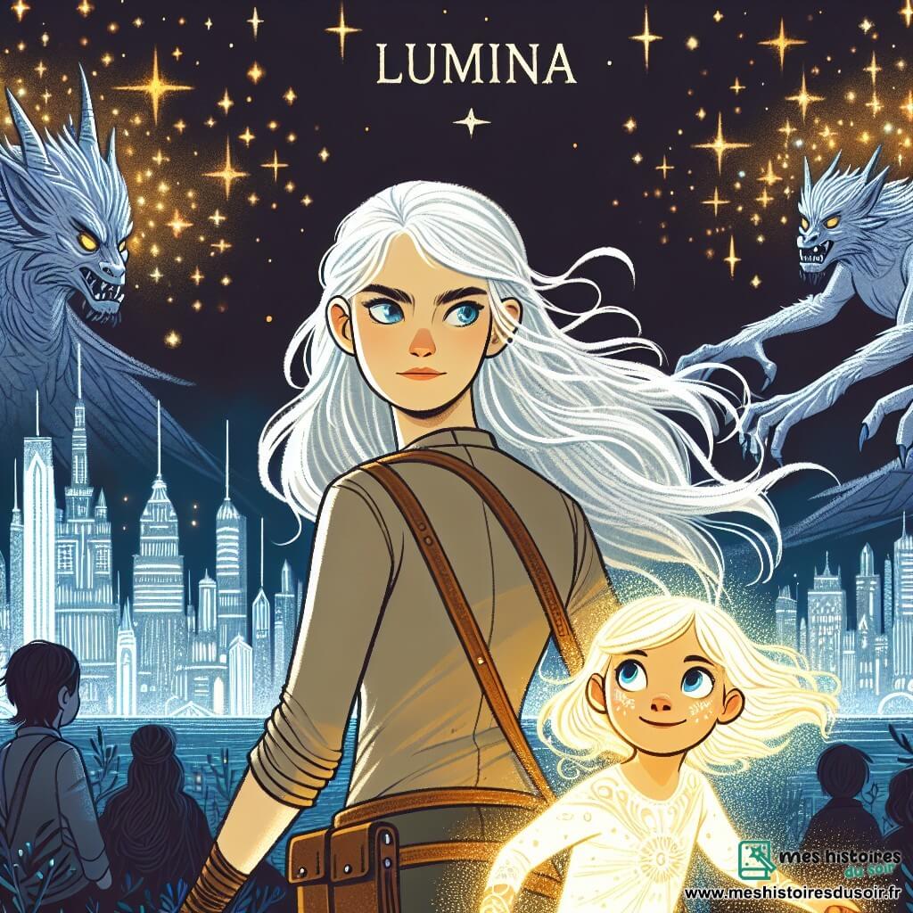 Une illustration destinée aux enfants représentant une jeune femme courageuse aux cheveux argentés, confrontée à un ennemi redoutable, accompagnée d'une fillette brillant d'une lueur spéciale, dans une ville étincelante appelée Lumina, où le ciel nocturne est rempli d'étoiles scintillantes.